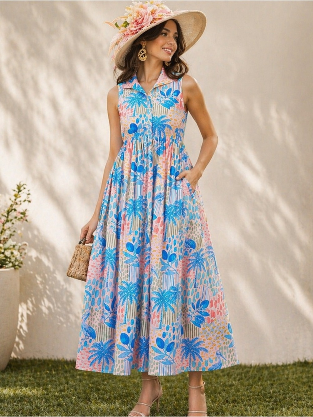 Sleeveless Tropical Print Maxi Dress in Blue and Pink